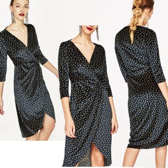 ZARA dark green cream velvet polkadot V-neck wrap dress ruched Sz S - Picture 1 of 11